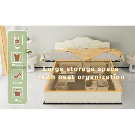 Lit coffre 160x200 cm tissu beige et métal, rangement relevable pour chambre, avec matelas – MEUBLIV (1/5)