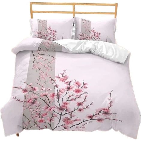 Housse de couette à motif fleurs de cerisier 240 x 260 cm, en microfibre, avec 2 taies d'oreiller. (1/4)