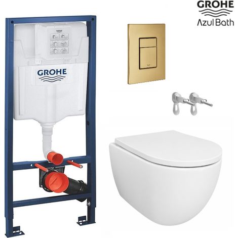 Pack Bastidor Grohe con Cisterna Empotrada y Pulsador Dual Oro Cepillado + WC Suspendido SWISS 53 cm Tornado y Soft-Close