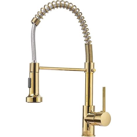 Grifo de cocina con cabezal extraíble, 2 tipos de chorro, monomando, color dorado. (1/5)