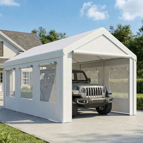 Abri de Voiture Tente de Garage Protection UV30+ Hauteur Réglable 6 Fenêtres et Moustiquaire 3x6m Blanc