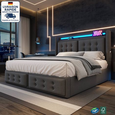 Modfu – Lit coffre 180x200cm – Tissu coton gris – Éclairage LED avec ports USB – Rangement hydraulique – Lit adulte moderne (1/5)