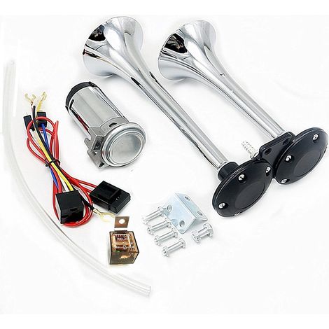 Car Horn Voiture à Klaxon 150DB Air Klaxon Haut-parleur double trompette en zinc chromé double tube avec compresseur pompe à air pour tout véhicule 12V camion train voiture van bateau moto etc (1/5)