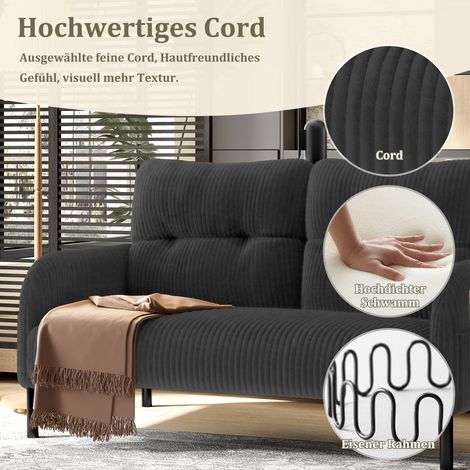 Canapé 2 places velours côtelé, rembourrage moelleux, dossier surélevé, accoudoirs avec rangements, piètement métallique, assise confortable et maintien ferme, idéal pour coin détente bureau à domicil (1/5)