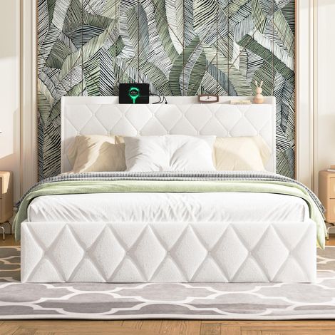 Lit double capitonné 160 x 200 cm, peluche blanche, avec fonction de chargement USB, bandes lumineuses LED de chaque côté, équipé de 6 tiroirs pratiques. (1/5)