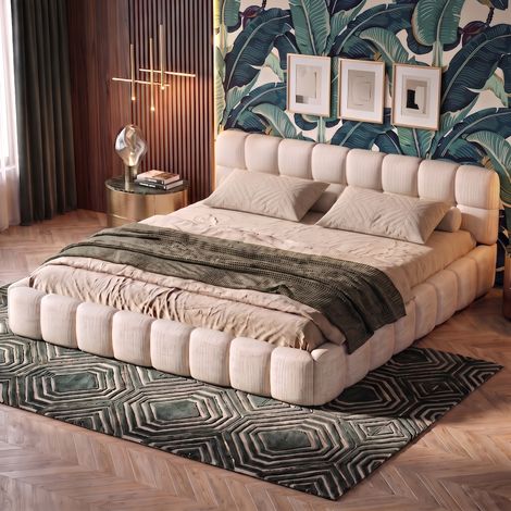 JOOKGBD–Letto Matrimoniale Imbottito 140x200 cm,Testiera con Bordo Morbido,Rete a Doghe,Struttura in Metallo,Letto per Adolescenti,Lin,Beige
