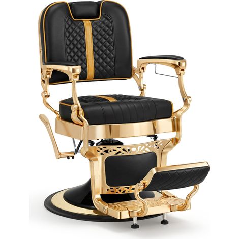 Barberpub Friseurstuhl mit Kopfstütze Kippbar, Friseureinrichtung mit Hydraulikpumpe 360° Drehbar, Höhenverstellbarer Bedienungsstuhl mit Vintage Stil, Barber Stuhl Kunstleder, 2965 (Gold-Schwarz) (1/5)