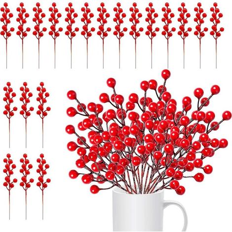 20 unidades de bayas rojas artificiales de Navidad, ramas de bayas rojas, bayas de acebo artificiales, bayas rojas de plástico falsas, pequeños tallos de bayas rojas para árbol de Navidad, corona, bod (1/5)