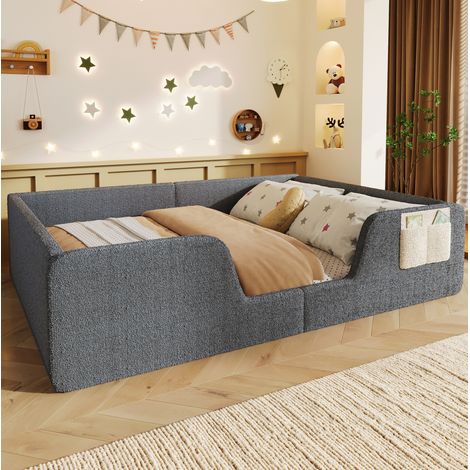 Cama infantil tapizada 140 x 190 cm de terciopelo gris, con barreras laterales abatibles, bolsillo de almacenaje y sin colchón, ideal para el descanso seguro de tu hijo  CHICFURN (1/5)