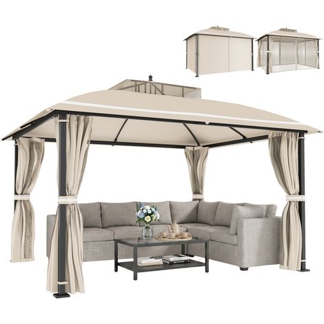 Gazebo de jardin 3,7 x 3 m avec moustiquaire, rideaux et double toit, beige (1/5)