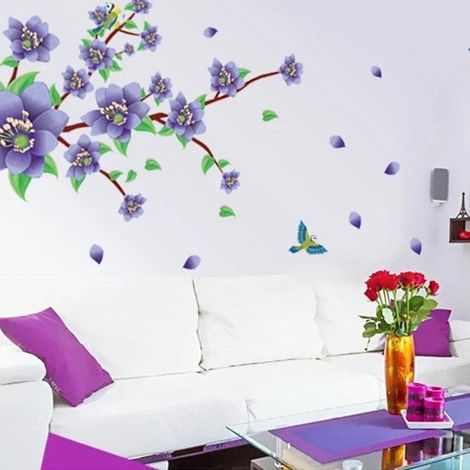 90 x 60 Cm Fleurs Violettes Stickers Muraux Art Oiseau sur l'arbre Décor à la Maison Papier Peint Créatif Vinyle Décoratif pour Murs Amovible (1/4)