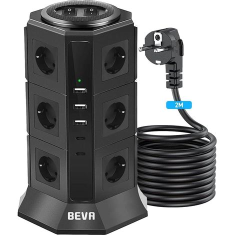 12 Prises Tour Multiprise Parafoudre avec Câble 2M, Noir 2500W/10A Multiprise Electrique avec 2 Interrupteur et 2 USB-C (15W)+3 USB-A,Multiprise Parafoudre et Surtension (1/5)