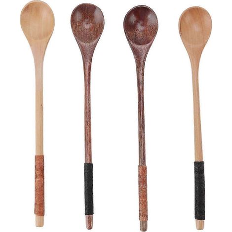 Cet ensemble de 4 cuillères en bois à long manche est polyvalent et convient à diverses utilisations, notamment pour remuer le café et le miel, mélanger dans les pâtisseries et servir. (1/5)