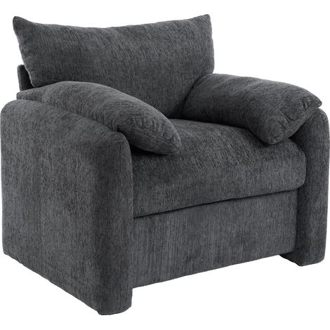 Sofá individual de chenilla negra, sillón con cojines de esponja, con estructura de madera maciza y estructura de hierro, soporta 150 kg, ideal para estudio, sala de estar y dormitorio. (1/5)