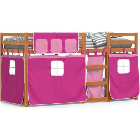 Lit simple，Lit adulte，Lit superposé avec rideaux rose 80x200 cm bois pin massif CFW52917 (1/5)