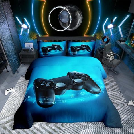 Ensemble de literie 200x200 cm, motif Gamer Controller, microfibre, bleu