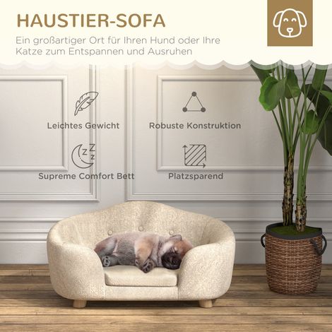 Canapé douillet pour chien et chat, coussin moelleux, poche de rangement, mousse confortable, bois de pin, blanc crème, 70x47x30 cm (1/4)