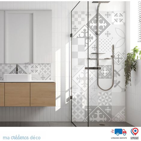 Panneau de douche : Carreaux ciment patchwork 3 - Couleur Gris clair - Alu composite - 90 - 245 (1/3)