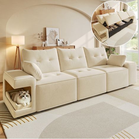 Canapé 3 places 229.5x78x84 cm beige en velours avec rangement et niches pour animaux (1/5)