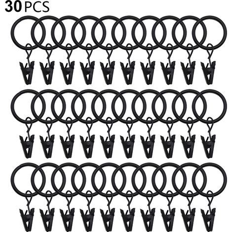Lot de 30 anneaux de rideaux avec pinces, crochets et pinces robustes pour tringle à rideaux, œillets métalliques de diamètre intérieur, supports décoratifs pour rideaux et fenêtres. (1/4)