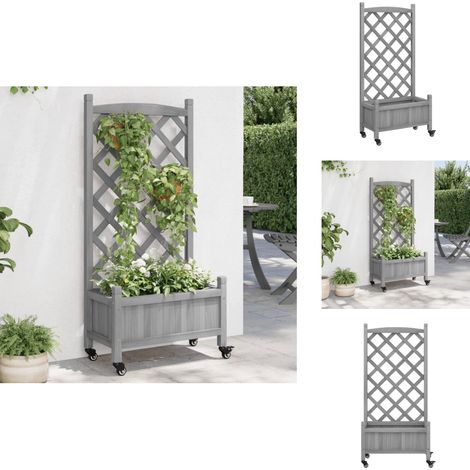 Jardinière avec treillis et roues gris bois massif de sapin - Jardinier - Pot De Fleurs - Plante Grimpante - Bac À Plantation - Décoration Extérieure (1/5)
