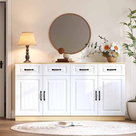 Buffet avec 4 tiroirs et 4 portes 160 cm MDF blanc et bois naturel (1/5)