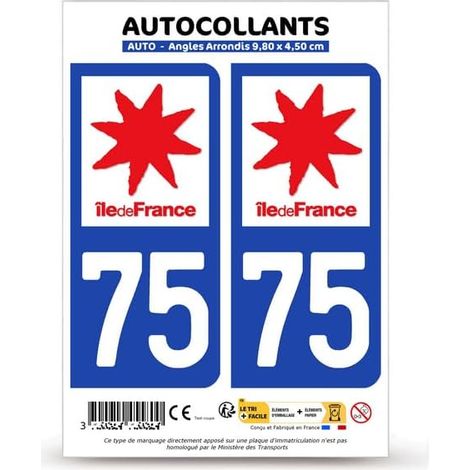 2 Stickers département, Fond Bleu, 9,8x4,5 cm, Angles Arrondis, Pour Plaque Immatriculation