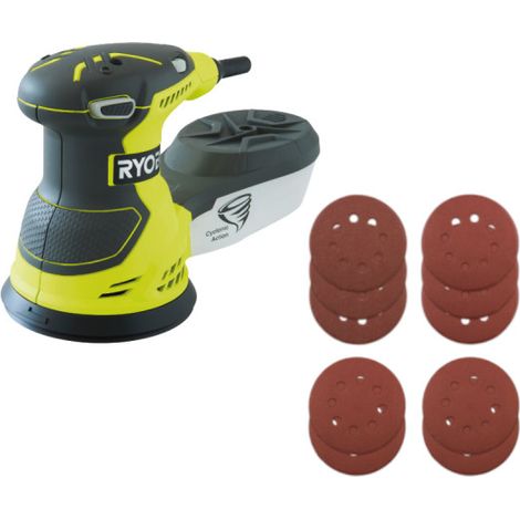 Pack RYOBI Ponceuse excentrique électrique ROS300 - 300W - 125mm - 10 Disques abrasifs - 125mm - Grain 100, 120, 240, 320