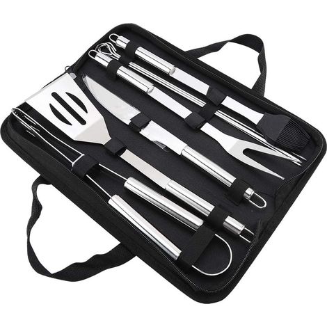 Set di 9 utensili per barbecue in acciaio inossidabile, kit per grigliate domestiche, set portatile per barbecue all'aperto con borsa in tessuto Oxford, argento