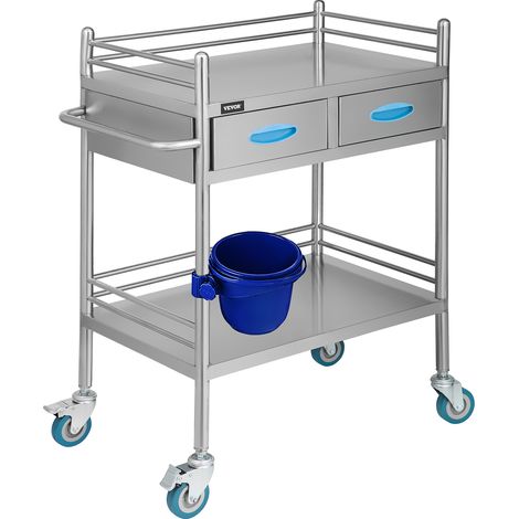 VEVOR Carrello da Laboratorio 2 Ripiani Carrello Medico in Acciaio Inossidabile con Due Cassetti con 4 Ruote