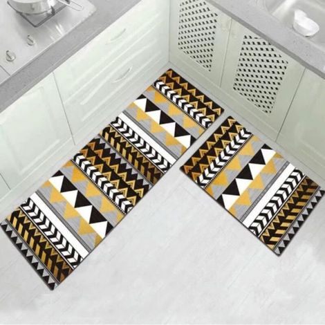 Tapis De Cuisine - 40 X 60 Cm Et 40 X 120 Cm - Fond Antidérapant - Jaune Et Noir - Lot De 2 (1/2)