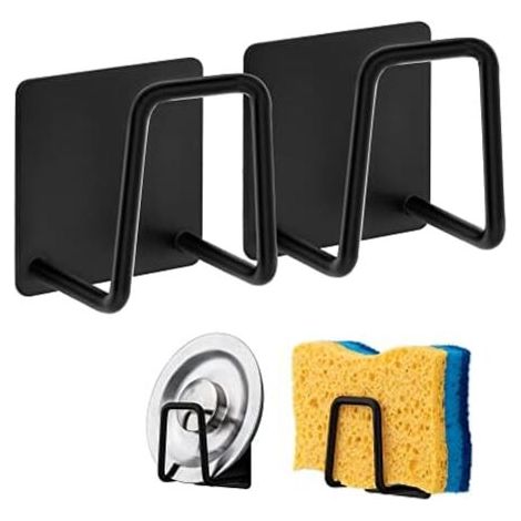 5x5cm Sponge Holder 304 Stainless Steel Dish Sponge Hook, Adhesive - Sink Accessories - Adhesive Hook, Kitchen Bathroom Storage (2PACK, Black)
