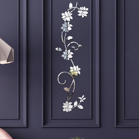 Miroirs muraux Flower Vine Acrylique Miroir Stickers Muraux,élégant Miroir Réglage Mur Autocollant,Mur Collant Miroir Décoration Murale pour La Maison Salon Chambre Décor,GROOFOO Argent