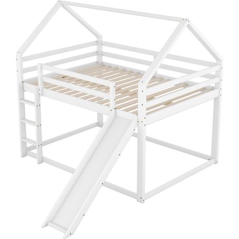Cama litera infantil tipo cabaña con tobogán y escalera 140 x 200 cm en madera blanca MODENUIT (1/5)
