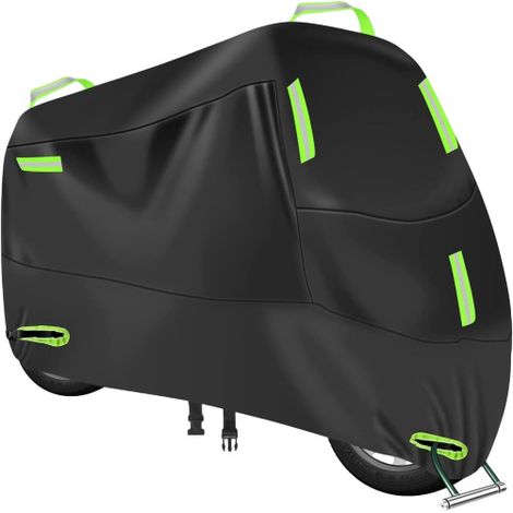 600D wasserdichte Outdoor-Motorradabdeckung für die Lagerung im Freien, Oxford-Motorrad-Schutzplane mit 4 reflektierenden Streifen, 2 Schlosslöchern, 2 winddichten Schnallen (4XL: 295 x 110 x 140 cm)