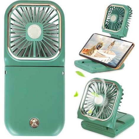 Mini-Tragbarer Ventilator – 5-in-1 mit Handyhalterung, Tischventilator, USB-Aufladung, 3000-mAh-Powerbank, 3 Geschwindigkeitsstufen, Tragegurt, Grün (1/5)