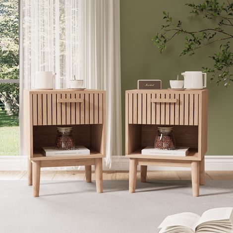 2er Set Nachttische mit Schublade und offenem Fach, Massivholzbeine, skandinavisches Design - Natur