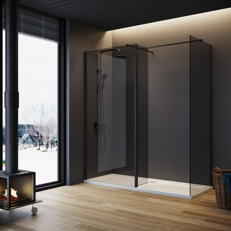 ELEGANT Grey Shower Cubicle with Side Panel 700x900mm and Dark Flipper Panel Walkin Glass Shower Enclosure Include Support Bar + Shower Tray 1500x900mm + Free Waste Trap (1/5)