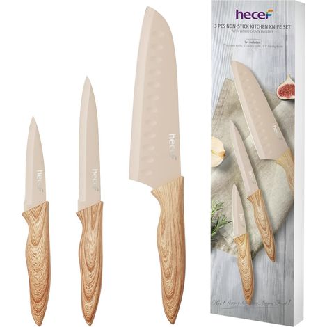 Set de Couteaux de Cuisine 3 Pièces, Lames Antiadhésives Beiges (1/5)