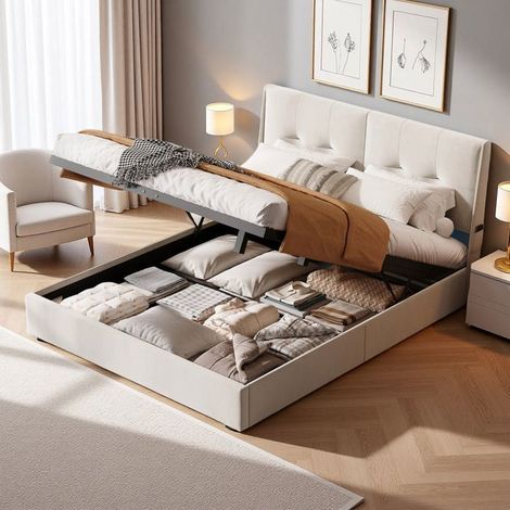 Bett 140x200 cm, QLT, LED, Erwachsenenbett, Doppelbettgestell 140x200 cm, 300 kg, Samtstoff, Beige