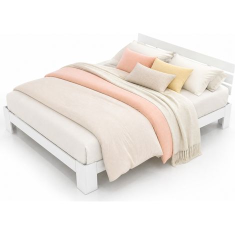 Lit double 140x200 en bois blanc avec tête de lit et sommier à lattes, style rustique et compact pour chambre ou studio - CHICFURN (1/5)