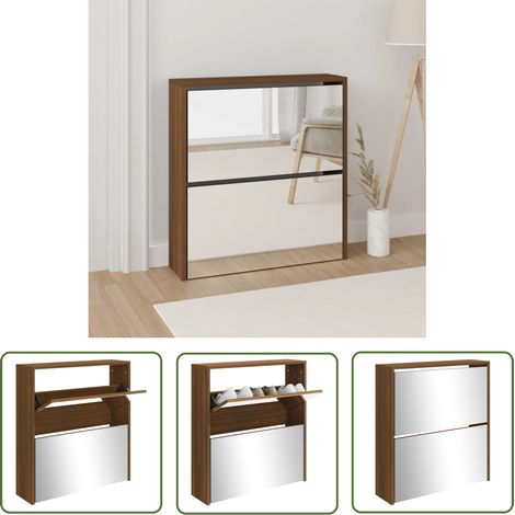The Living Store Schuhschrank mit Spiegel 2 Fächer Braun Eichen-Optik 63x17x67cm - Schuhschrank - Schuhregal - Eiche Optik - Holzmöbel - Garderobe (1/5)