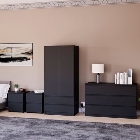 4 Piece Denver Bedroom Set, 2 Drawer Large Bedside Chest x2, 6 Drawer Chest, 2 Door 2 Drawer Wardrobe, Black (1/2)