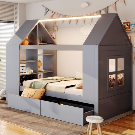 Letto a castello in legno per bambini, 90x200 cm, con illuminazione a LED, 2 cassetti e vani portaoggetti laterali, colore grigio (1/5)