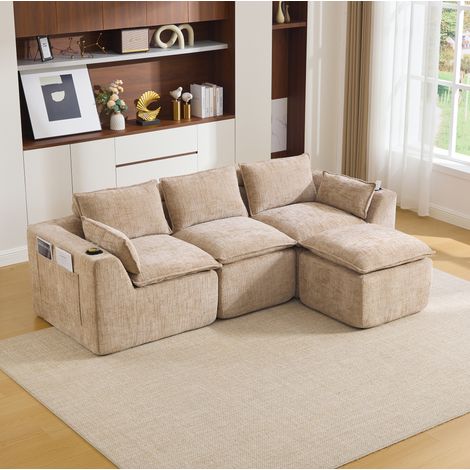Sofá modular de 3 plazas con pouf, cojines, portavasos y bolsillos, chenilla caqui HAVRYA (1/5)