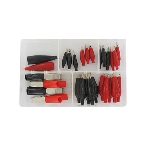 Set aus 22 roten und schwarzen Krokodilklemmen
