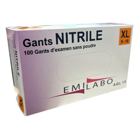 Boite de 100 Gants Nitrile non poudrés Taille XL / 9-10 EMILABO