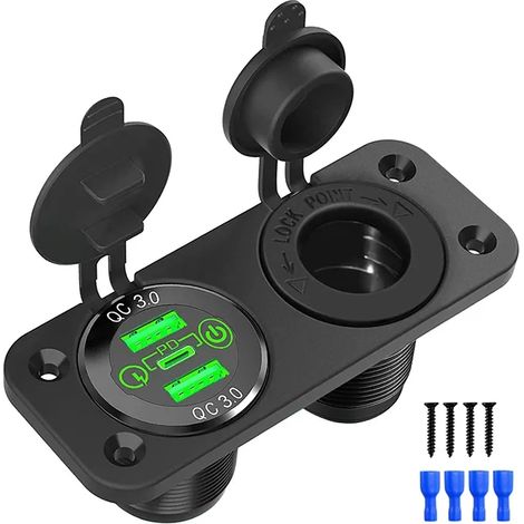 Chargeur de voiture USB-C, prise allume-cigare, répartiteur triple 12 V USB PD 3.0 et QC 3.0 avec interrupteur tactile pour voiture et allume-cigare. (1/4)