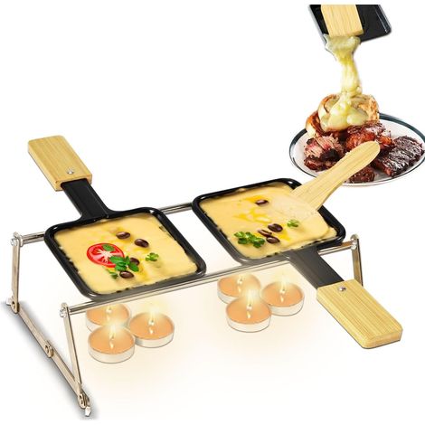 Set Raclette Portable pour 2 Personnes, 2 Poêlons Antiadhésifs avec Manche Bambou, 2 Spatules Bambou, Support Métal Pliable, Raclette Compacte Camping (1/5)