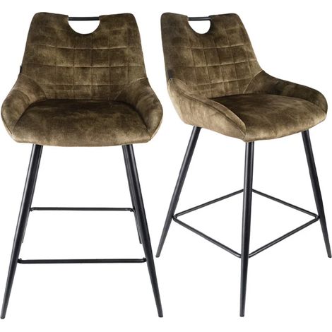 Lot 2 tabourets bar en velours vert kaki avec pied métal noir - BRANDY (1/5)